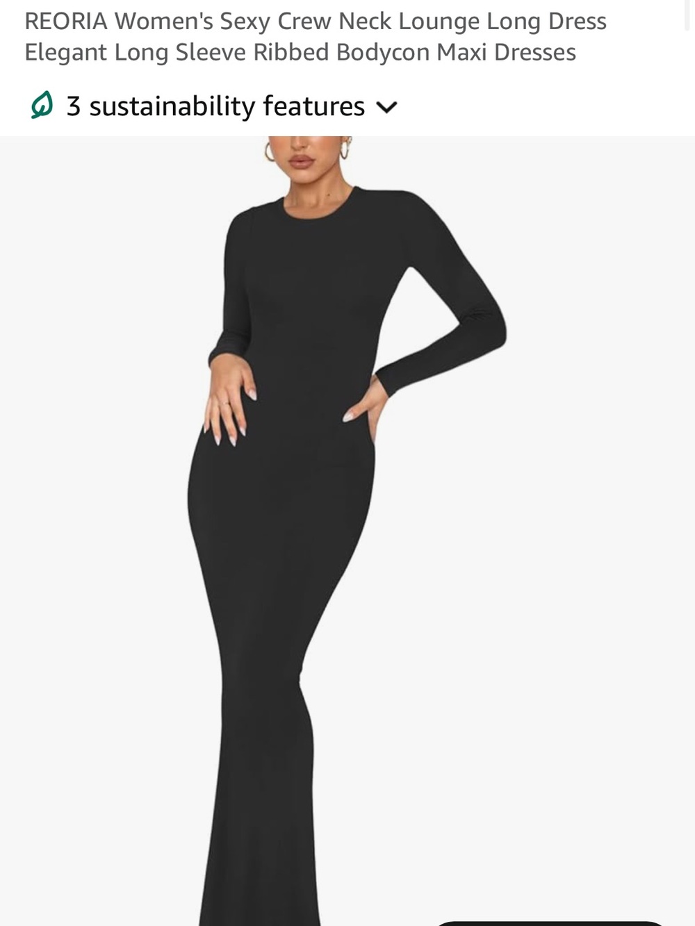 ReoRia Black Long Sleeve Ribbed Bodycon Maxi Dress
